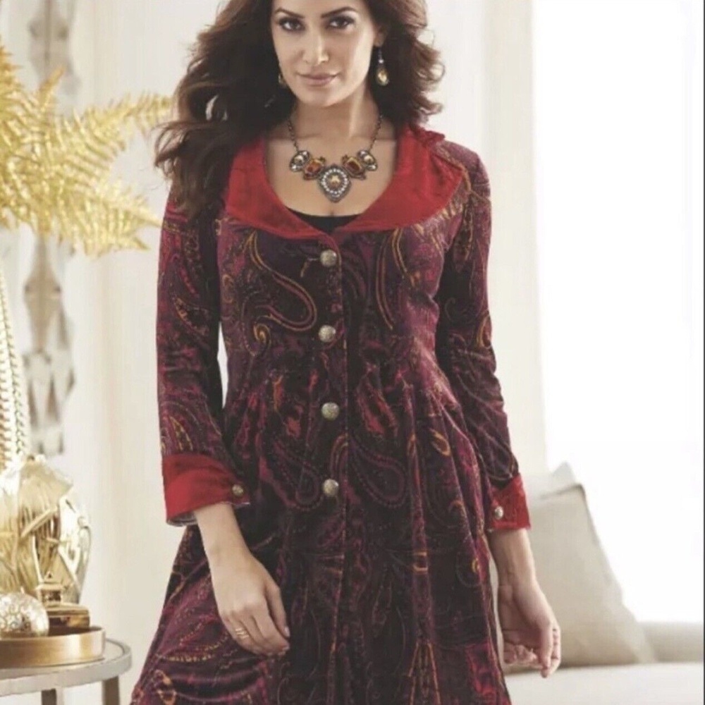 Monroe & Main Women’s Jacket Plus 3X Rich Deep Red Velvet Paisley Long Holiday